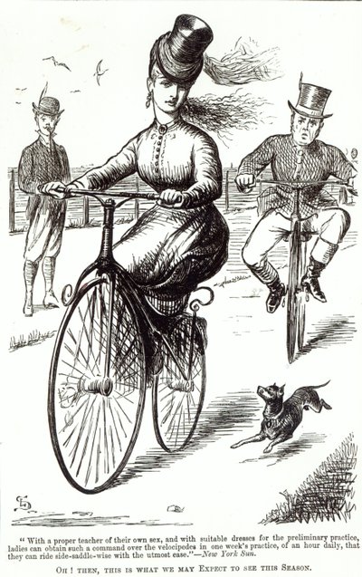 Karikatur einer Dame auf einem Velocipede, 1869 von American School